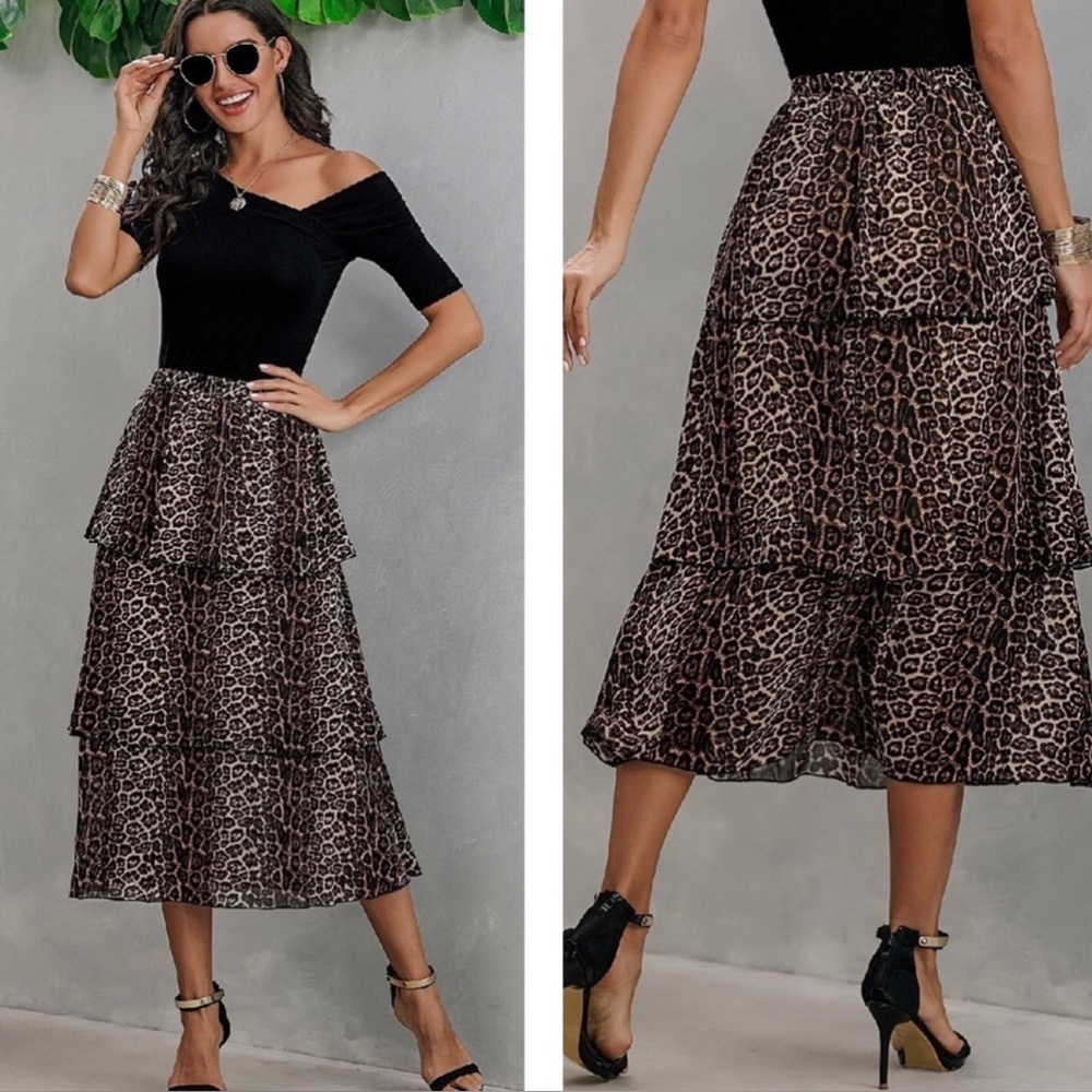 Leopard Print Tiered Mid Length Skirt NWT